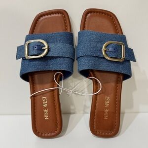 Nine West Denim Buckle Blue Slide Flat Sandals